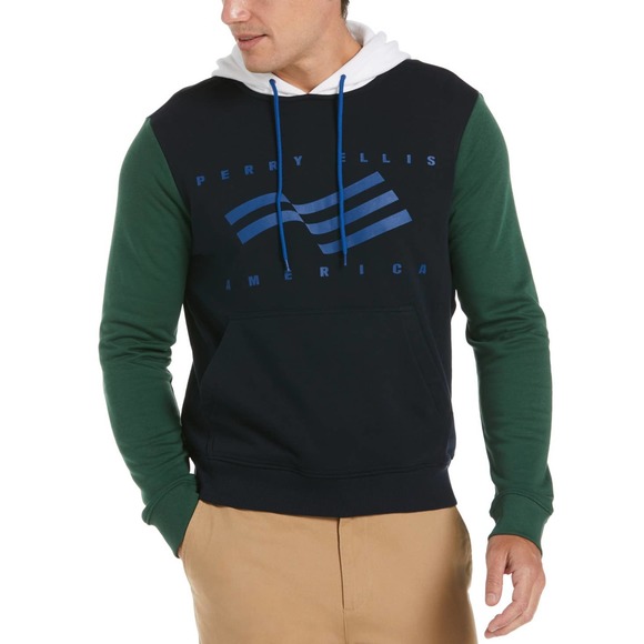 Perry Ellis America Men's Colorblock Navy Blue, Green, & White Hoodie, Size S